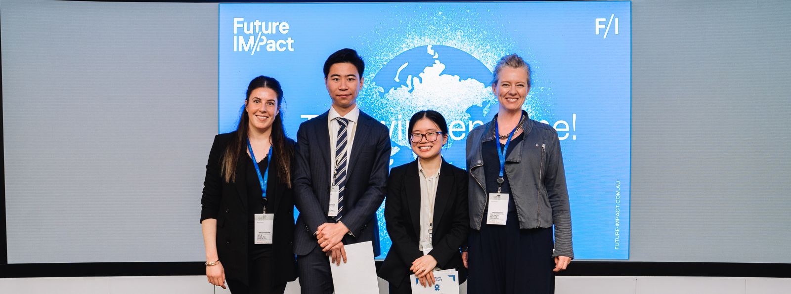 Stephanie and Jeff after winning Future IM/Pact's 2022 Investment Competition. From left to right: Laila Hage-Ali, Jeff Xiong, Stephanie Liow and Yolanda Beattie. (Source: Supplied)