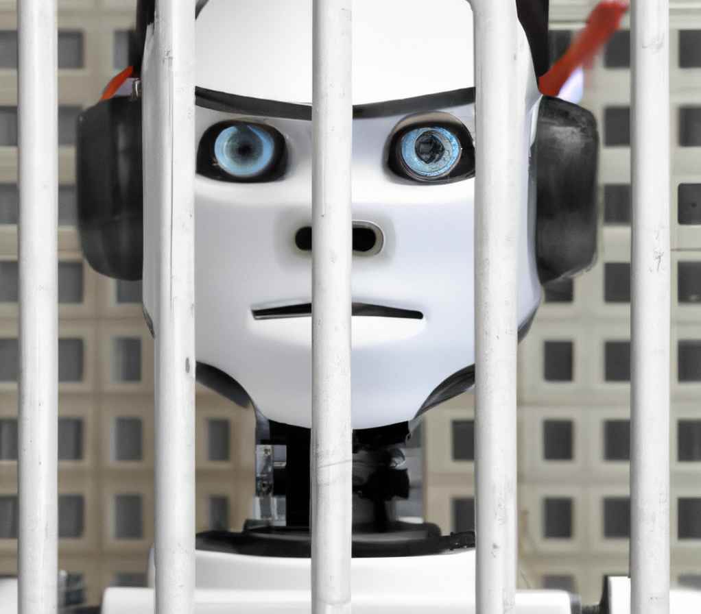 This image was also generated by AI - "Show be an AI robot angry about being put behind bars".