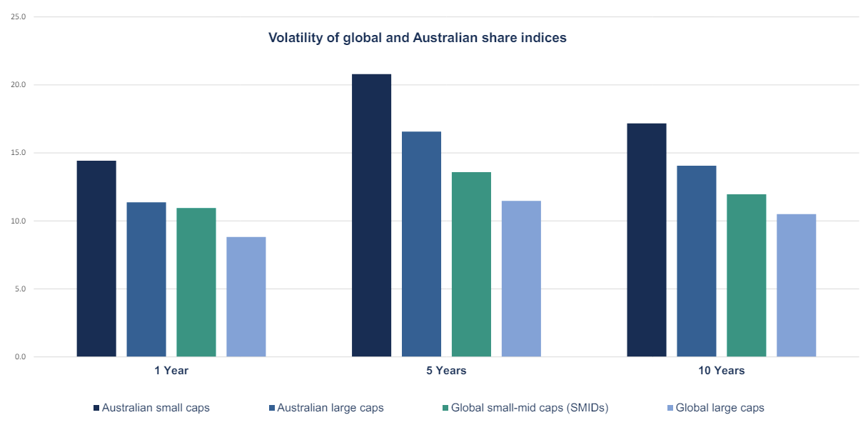 Aussie small caps (dark blue) are far more volatile than global small-mid caps (green). 
Source: Vaughan Nelson. and Morningstar Direct, to end March 2024. Indices, in order left to right, S&P/ASX Small Ordinaries TR AUD, S&P/ASX 300 TR, MSCI ACWI SMID NR USD, MSCI ACWI NR USD. Investments can go up and down. Past performance is not a reliable indicator of future performance.