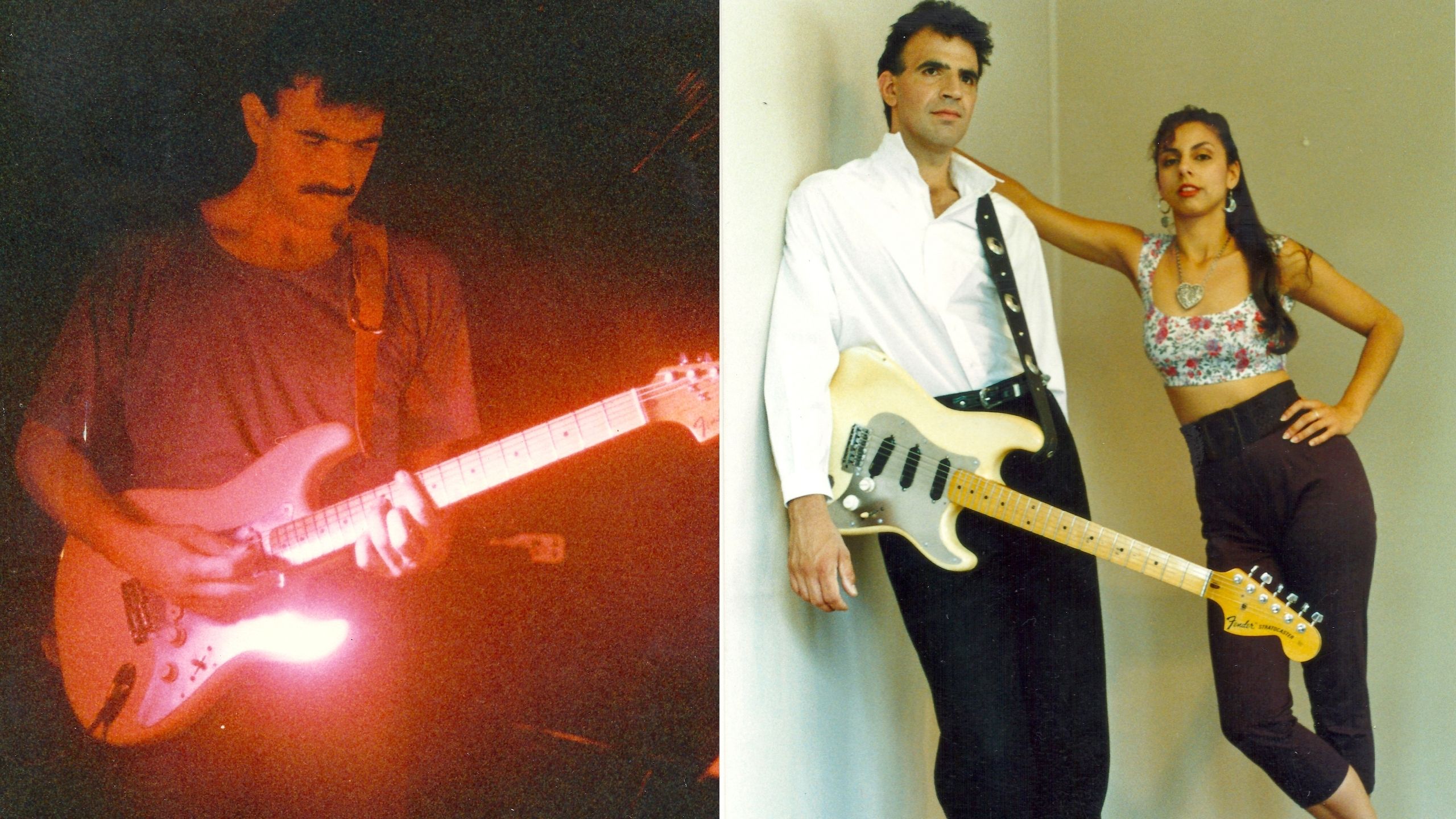 First image, Jim with his guitar. Second image, Jim and Adriana, in a promo shot for their band. (Source: supplied).