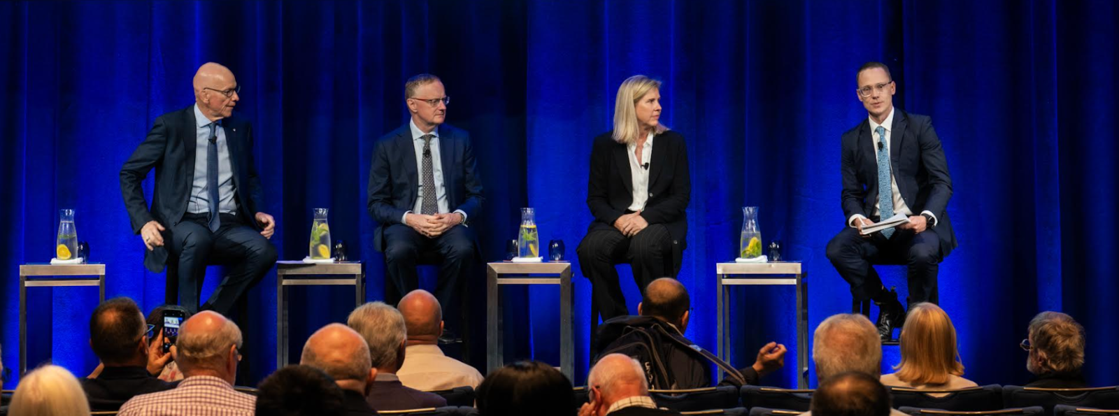 From left to right, Wilson Asset Management Founder, Chairman, and CIO Geoff Wilson , Dr Lowe, Magellan Portfolio Manager, Nikki Thomas, and Australian Financial Review Chanticleer Columnist Anthony Macdonald.