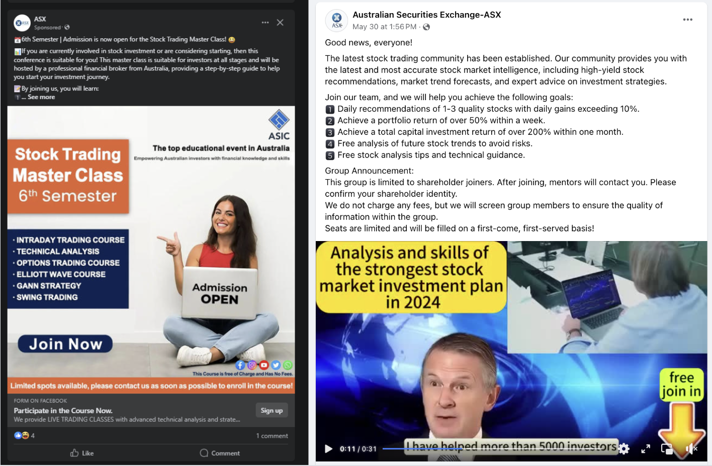 Examples of scams using ASX branding on social media (and on the right, a scam featuring a deepfake video of former ASX CEO Dominic Stevens. (Supplied by Ray David)