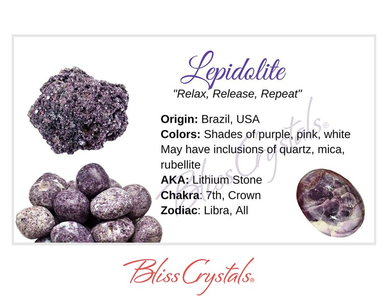 Lepidolite Crystal Information Card. Source: Bliss Crystals.