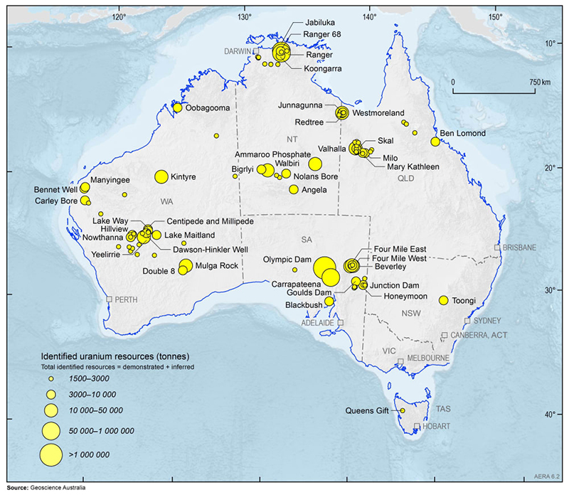 Figure 7. Uranium deposits and mines in Australia (2017). Source: Geosciences Australia