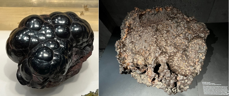 An exotic example of hematite (terrestrial, left) and a 617kg iron meteorite (right) recovered from the Nullarbor.
