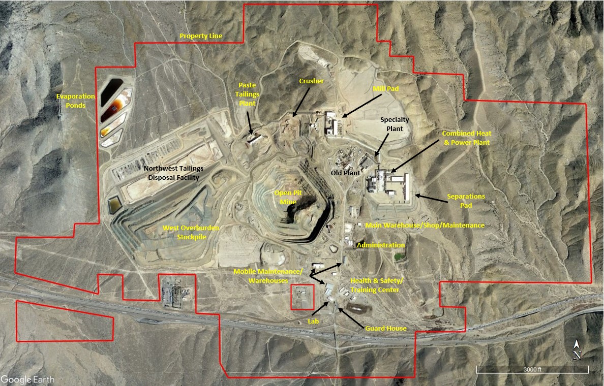 Google Earth shot of the MP Materials mine at Mountain Pass in California, USA.