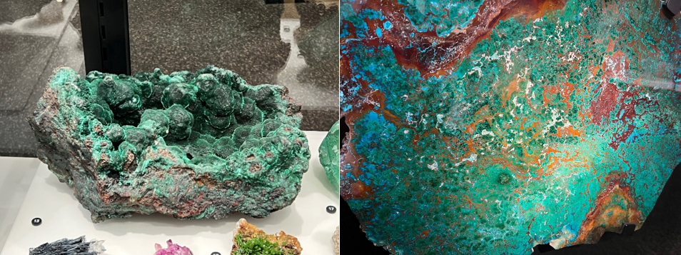 Copper sulphide ores from Australia. On the right is a polished 2 billion year old example from Sandfire’s DeGrussa mine in WA.