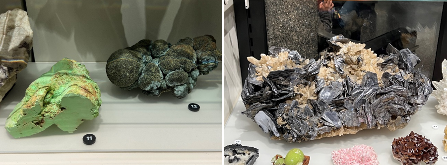 Nickel ores from WA (left) and molybdenite from NSW (right). Both are common coating and alloying metals, and nickel is finding increasing application in battery technology.