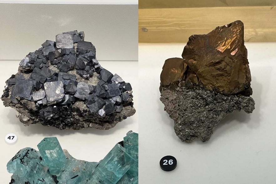 Lead ore (galena, left) from USA and more copper ore! (right). Chalcopyrite this time, a sulphide.