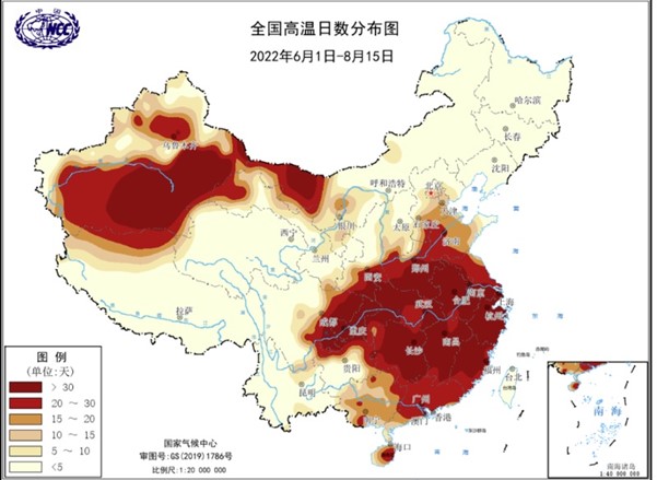 Source: China Meteorological Administration (darker red = more high temperature days)