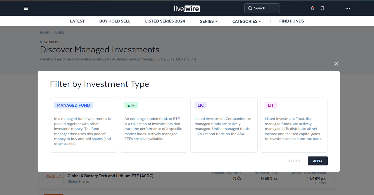 The Livewire Find Funds page will be an invaluable resource to assist your investing research