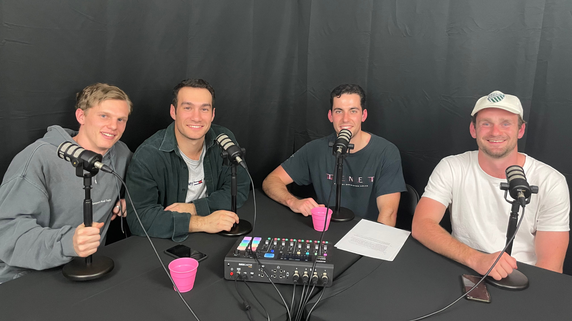 Recording an episode of Michael and his friends' film and TV podcast CINEMATES. From left to right: Bennett, Oliver, Michael and Matthew. (Source: supplied). 