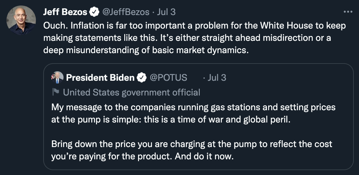 When Amazon CEO Jeff Bezos is slamming the President for his (lack of) work in fighting off inflation, you know it's a serious issue.
