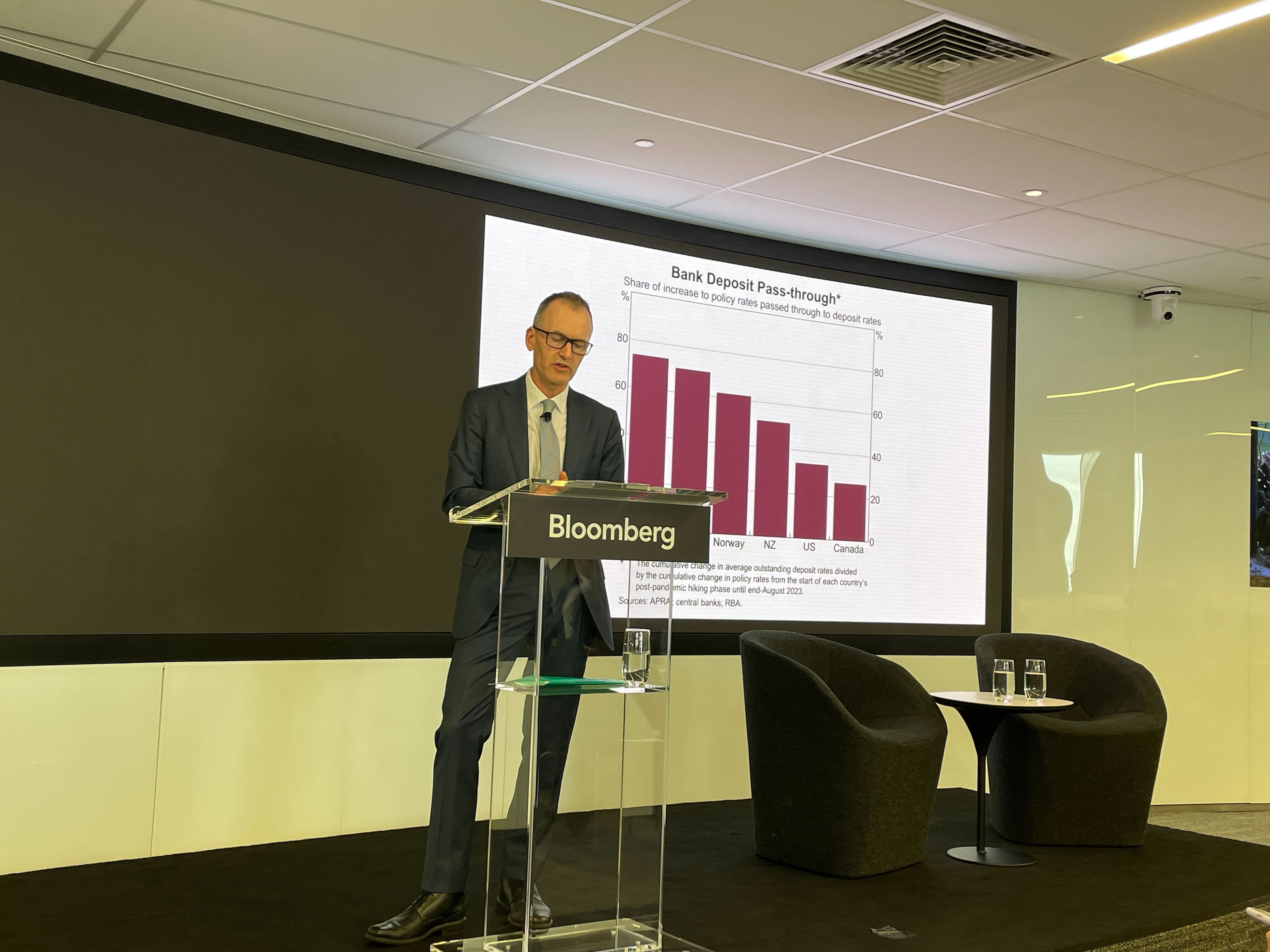 Christopher Kent, Assistant Governor (Financial Markets) for the RBA presenting at Bloomberg's headquarters in Sydney.