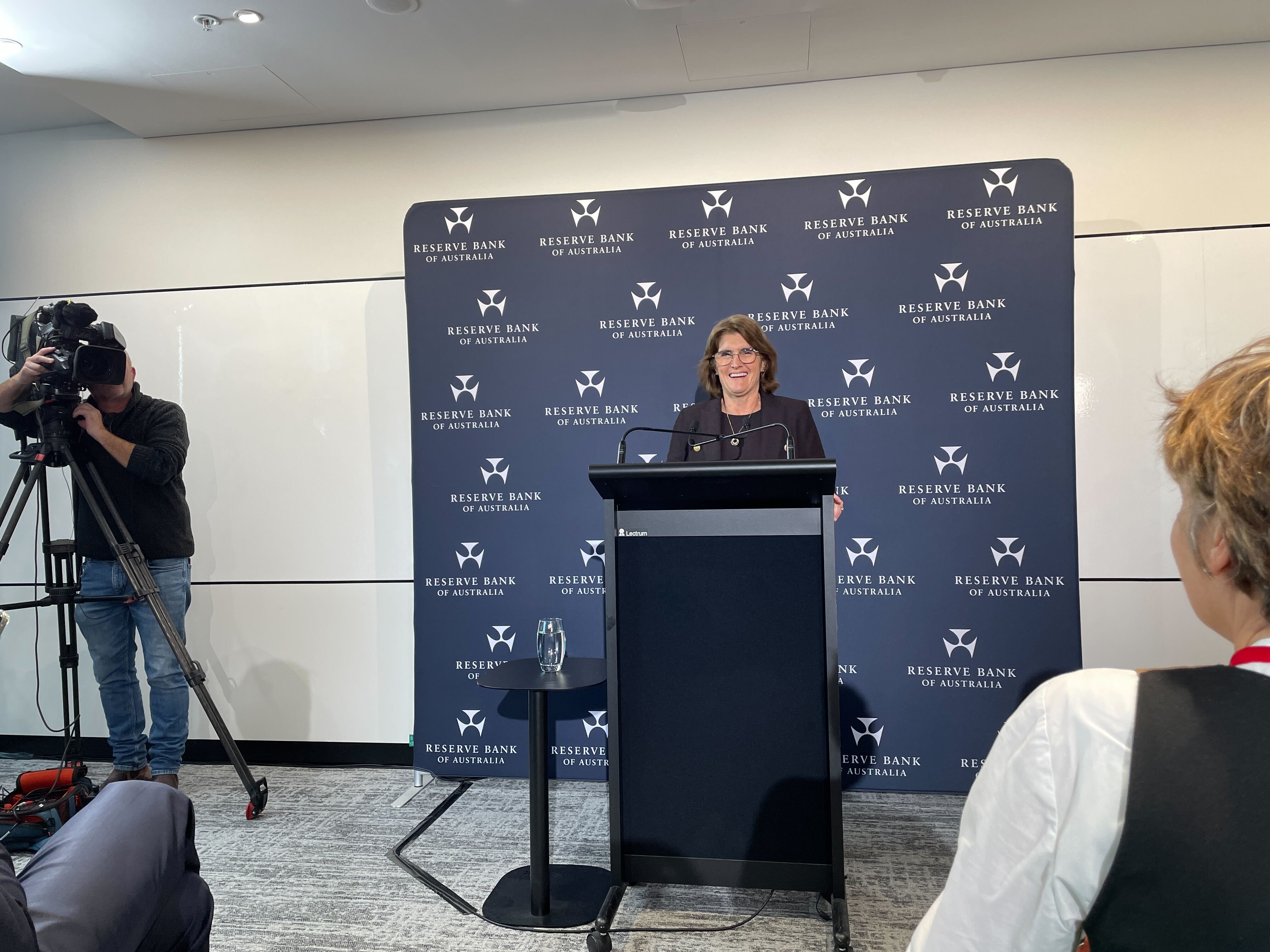 Reserve Bank of Australia Governor Michele Bullock speaking to the media at today's press conference. (Source: Sara Allen, Livewire Markets)