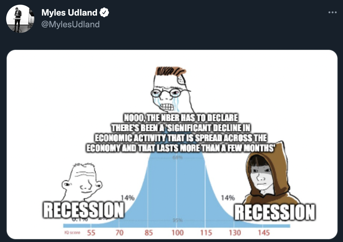 In case you missed it, the US is now in a technical recession. However, the US bureau of statistics doesn't agree with the dictionary definition and neither does the White House (all of a sudden, it seems). So is this just politicking or is this really a different kind of economic slowdown? Either way, FinTwit is having a lot of fun with this.