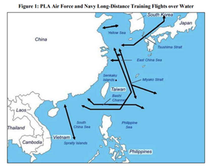 This analysis from a 2018 USCC report, shows the pattern of PLAAF and PLANAF training flights. These primarily follow the submarine tracks into and out of the Chinese littoral. Such training is useful should China ever decide to invade Taiwan but is also central to an Anti-Access Area Denial (AAAD) strategy.