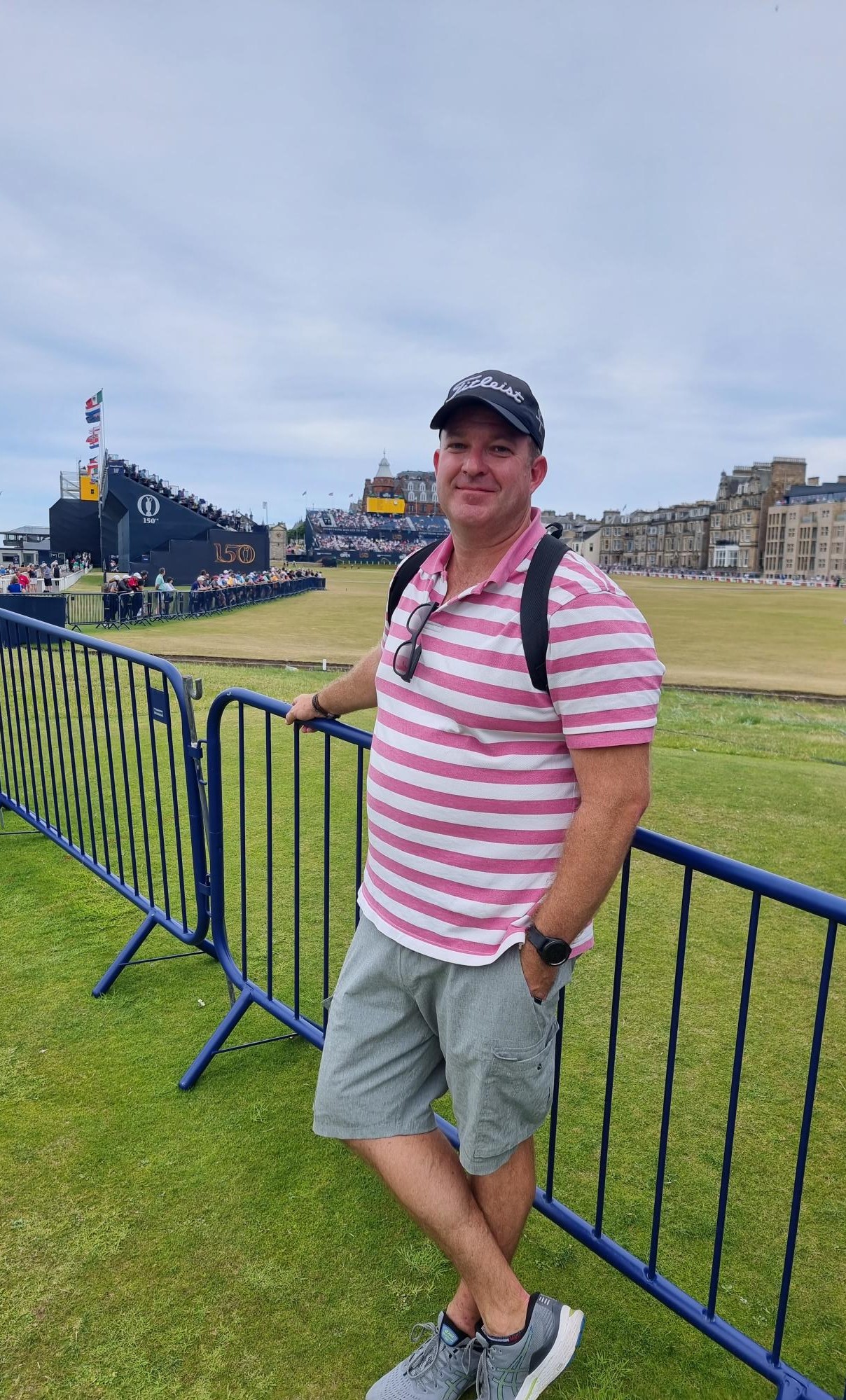 Anthony at the British Open in St Andrews with the 1st and 18th holes in the background. Image supplied.