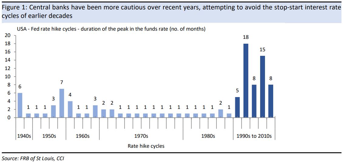 Central banks have been more cautious over recent
years, attempting to avoid the stop-start interest rate cycles of earlier
decades