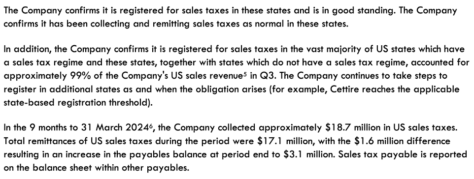 Cettire's response to US sales tax registration. (Source: Media Release)