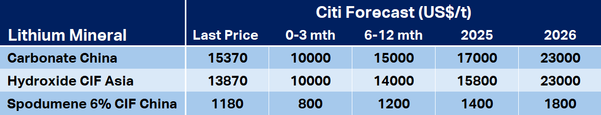 Citi Lithium Price Forecast Summary. Source: Citi Research, LME, Bloomberg. From: Citi Research “Metal Matters: Where to next for industrial and battery metals and iron ore? We revise our price forecasts”, 28 April 2024.